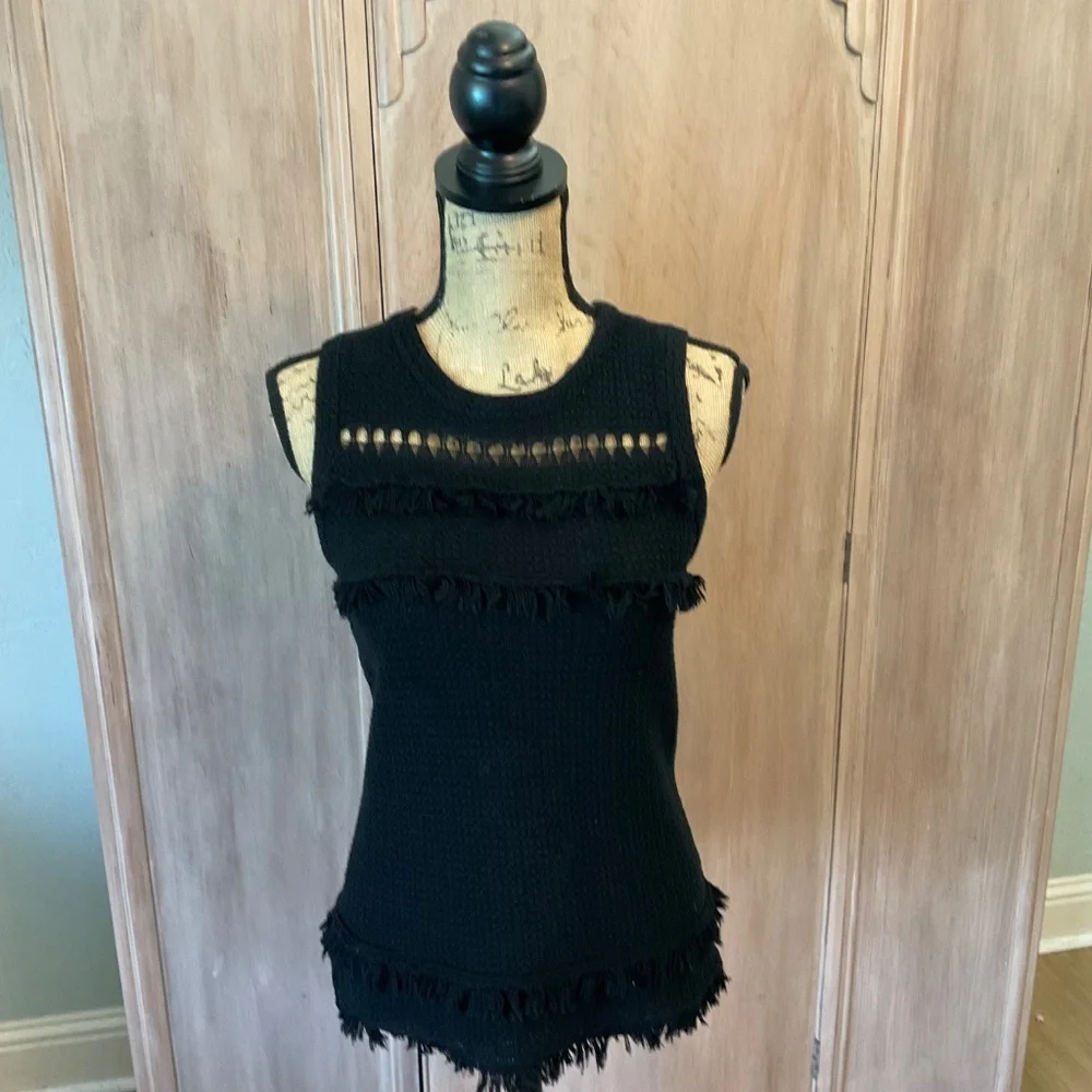 J Crew Factory Black 100% Cotton textured knit top sleeveless fringe Tank small